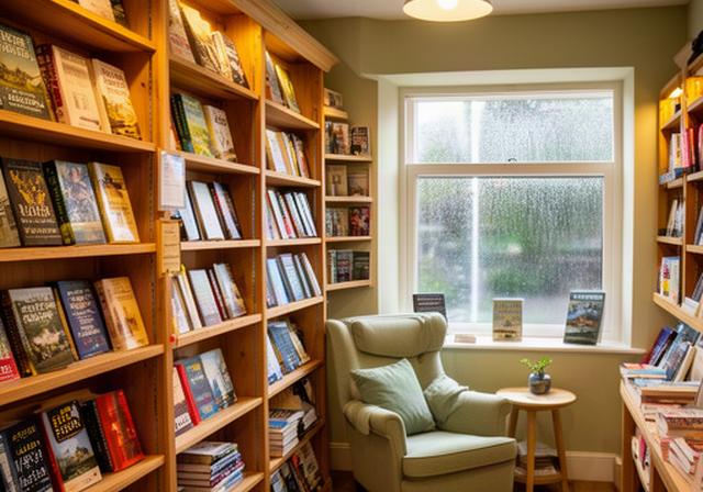 Warm interior of a bookstore in Gorey with wooden shelves full of books and a reading nook by the window